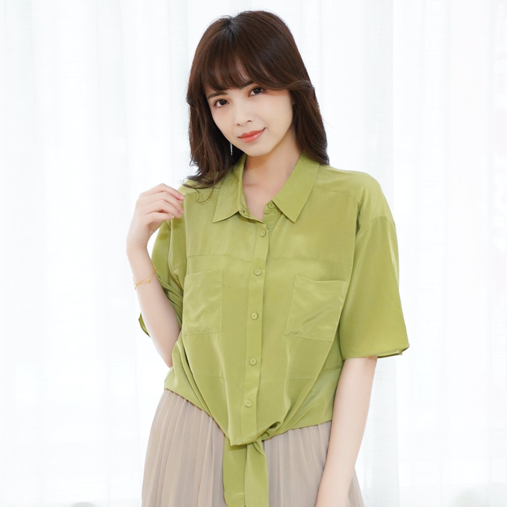 闕蘭絹自在簡約100%蠶絲雙縐綠色綁帶襯衫 - 6026
