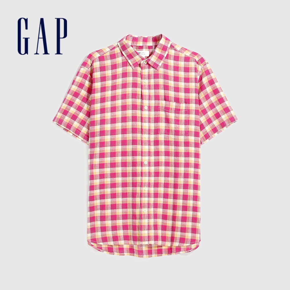 Gap 男裝 亞麻混紡輕薄短袖襯衫-紅色格紋(550704)