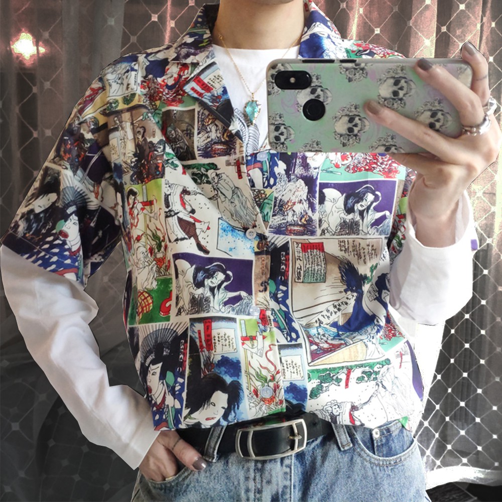 【K-2】滿版 日本 江戶時期 浮世繪 日式文化 花襯衫 短袖襯衫 街頭 潮流 穿搭 男女不拘