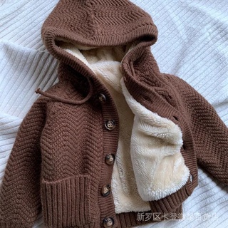 童裝 兒童上衣 連帽針織外套 寶寶針織外套 韓版 男女童時尚保暖 女寶寶 嬰兒 小外套 冬裝刷毛加厚連帽羔羊絨外套