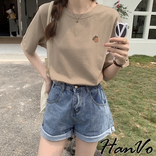 【HanVo】濟州島的小橘子刺繡純棉T恤 吸濕排汗 休閒百搭顯瘦圓領短袖上衣 簡約時尚T恤 女生衣著 A01-1244