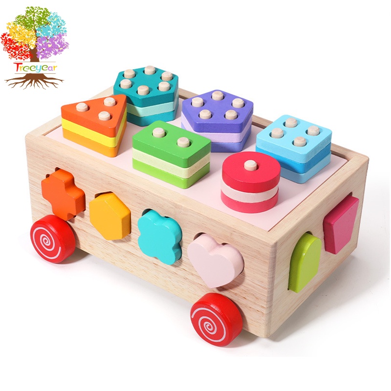 【樹年】蒙氏兒童智力拖拉車兒童認知形狀配對男孩女孩拼裝套柱積木益智玩具