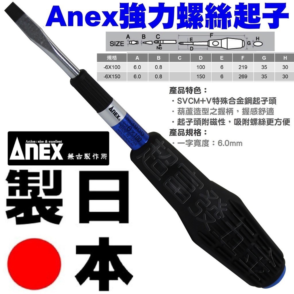 超富發五金 日本 安力士 ANEX 強力 螺絲起子 一字6mm No.3900 強力型 一字 起子 螺絲起子 強力起子頭