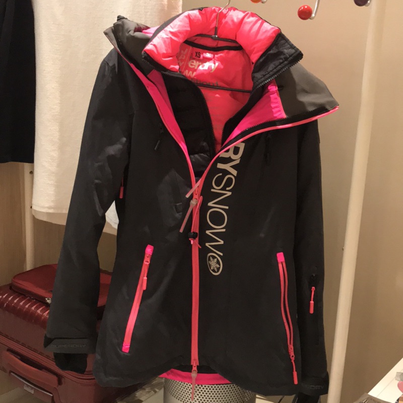 極度乾燥Superdry Snow SkiEdition 防風水 兩件式 滑雪 雪衣 風衣 中長版 外套 黑+粉-XS號