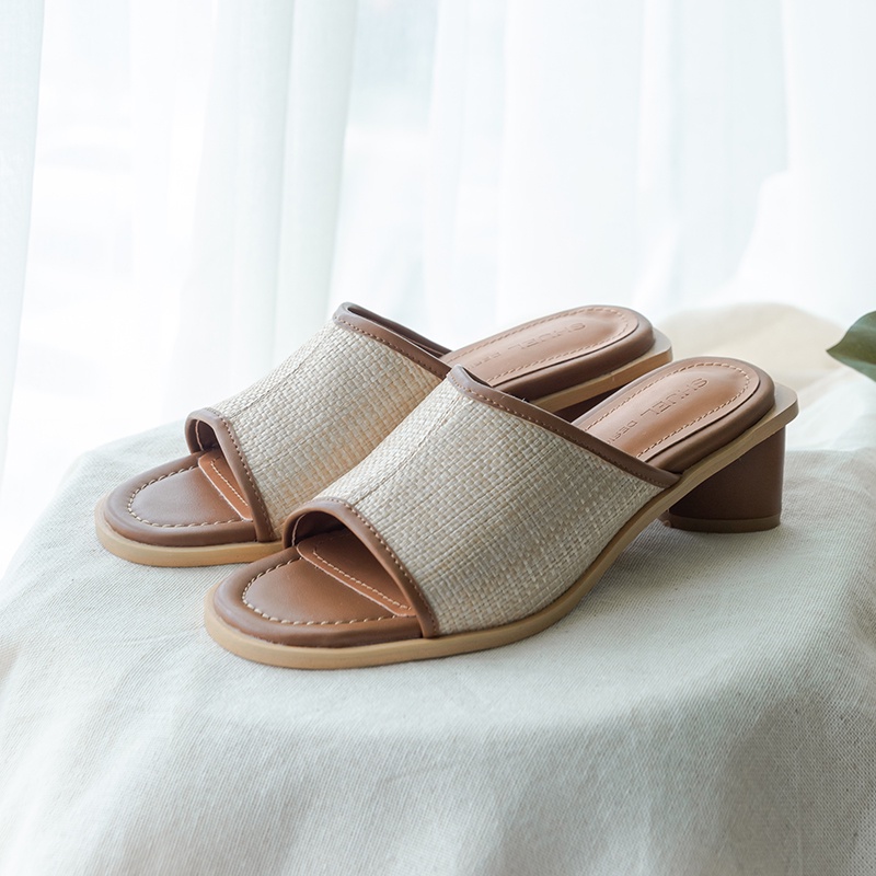 【KEIZU】四公分亞麻編織 高跟涼拖鞋 穆勒鞋 棕 韓國🇰🇷設計