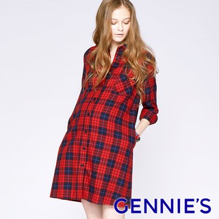 【Gennies 奇妮】長版孕婦襯衫洋裝-經典紅藍格 (T1G01)