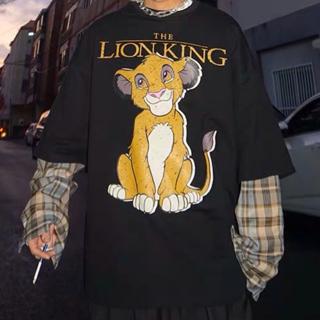 迪士尼動畫獅子王t Shirt 拼接袖子格紋格子復古美式休閒黑色白色vintage Disney 蝦皮購物