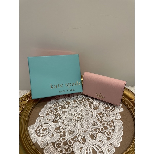 Kate spade NEW YORK粉紅色多功能小皮夾 鑰匙圈包 名片夾 零錢包 卡片夾