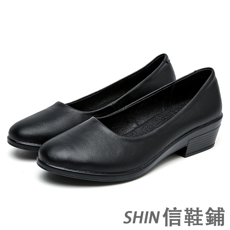 【OL工作鞋】 新款上班族黑色低跟皮鞋 久穿久走不累腳 韓版軟底淺口單鞋 耐磨防滑一腳蹬包鞋 圓頭寬楦真皮女鞋子 現貨