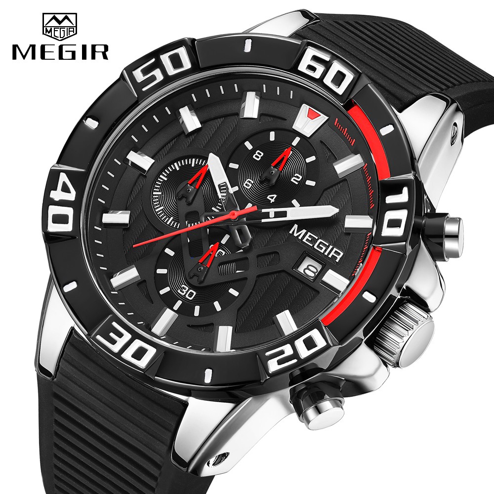 Megir 2121 新款男士運動手錶 3Bar 防水模擬矽膠石英男士手錶計時腕錶