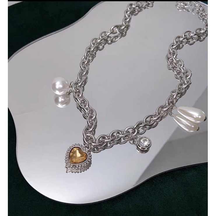 🍒Cherry🍒復古黃寶石珍珠項鍊女ins小眾設計高級感愛心黃鑽鎖骨鏈潮