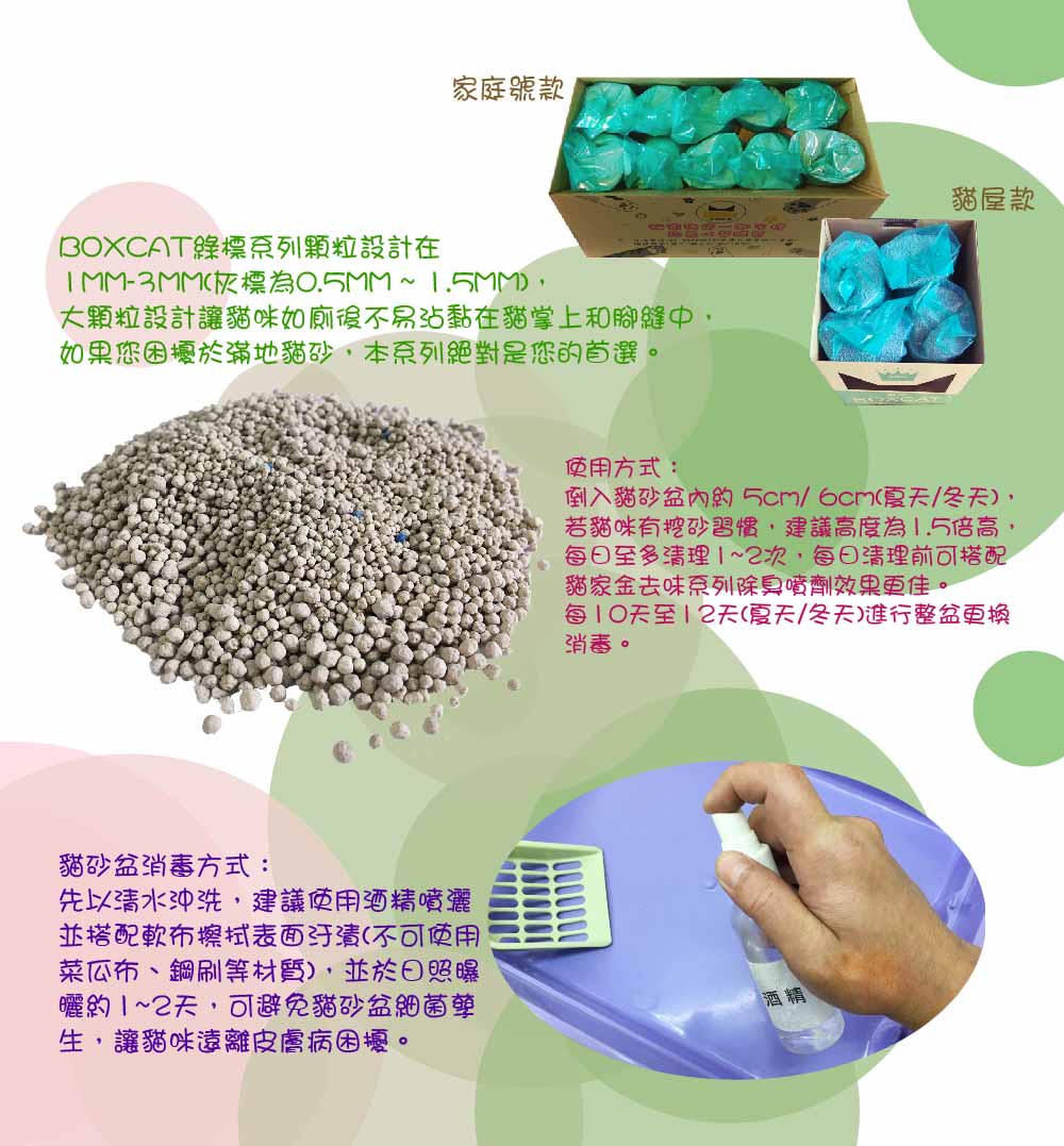 家庭號款BOXCAT標系列顆粒設計在-3MM(標為0.5MM~1.5MM)大顆粒設計讓貓咪如廁後不易沾黏在貓掌上和腳縫中,如果您困擾於滿地貓砂,本系列絕對是您的首選。貓砂盆消毒方式:先以清水沖洗,建議使用酒精噴灑並搭配軟布(不可使用菜瓜布、鋼刷等材質),並於曝曬1~2天,可避免貓砂盆細菌生,讓貓咪遠離皮膚病困擾。貓屋款使用方式:倒入貓砂約6cm(夏天/冬天),若貓咪有挖砂習慣,建議高度為1.5倍高,每日至多清理1~2次,每日清理前可搭配貓家金去味系列除臭噴劑效果更佳。每10天至12天(夏天/冬天)進行整盆更換消毒。酒精