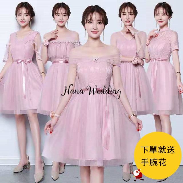 現貨 Nana Wedding 伴娘服宴會禮服新款顯瘦粉色雪紡一字肩伴娘團女過膝長洋裝喜宴 蝦皮購物