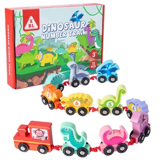 兒童木質數字小火車益智啟蒙早教恐龍拼裝拖拉積木玩具車