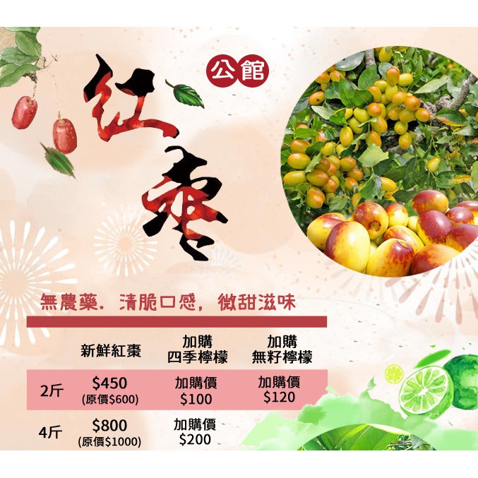 📢新鮮紅棗📢公館紅棗季 一年一度 限量 🍋四季檸檬  免運 🚛宅配 抗疫 小農 零食 無農藥 苗栗【農創小舖】