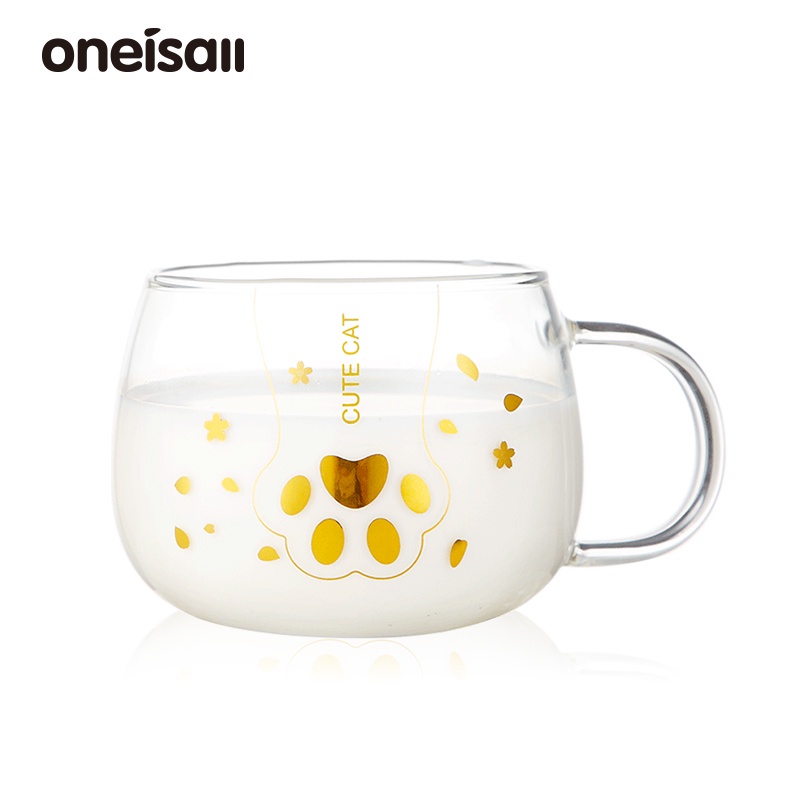 Oneisall 玻璃飲水杯咖啡杯帶把手可愛貓爪免花勺 350ml