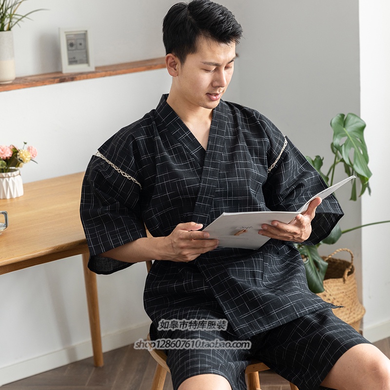《購物聯盟》日式氣質甚平系繩男士家居服浴衣格紋短袖套裝夏日本純棉睡衣和服