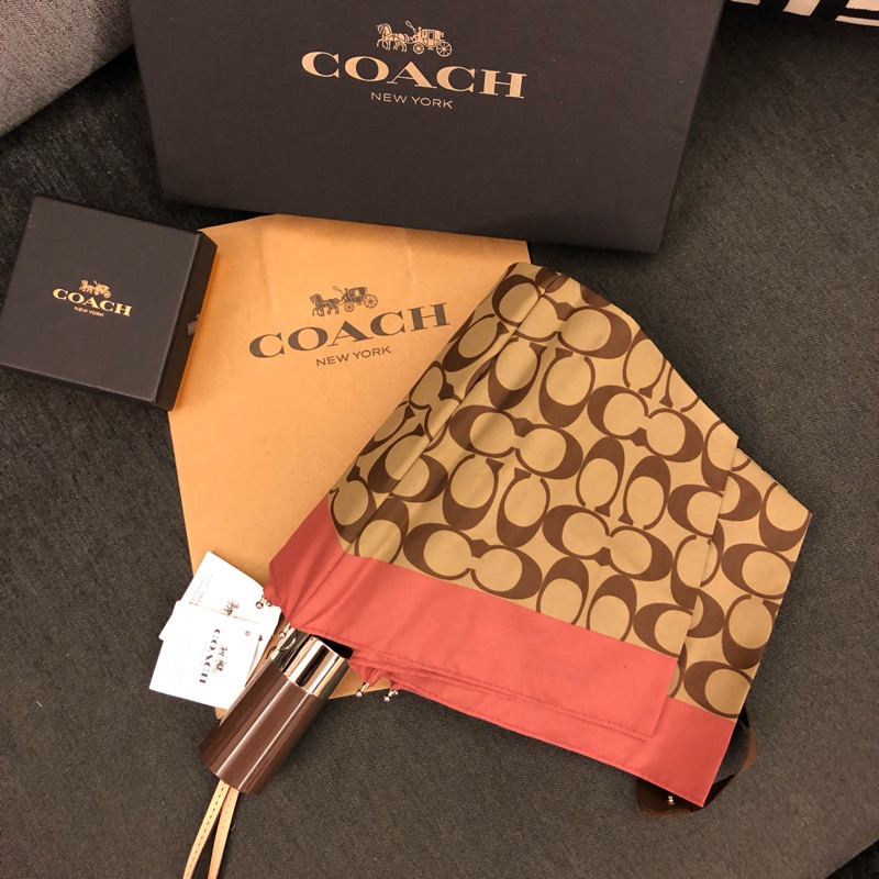 COACH/經典滿版logo自動傘/卡其/折疊傘/雨傘/陽傘/隨身/現貨/美國代購