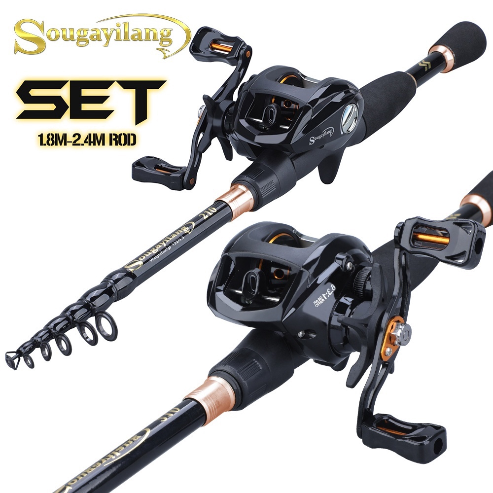 Sougayilang 1.8-2.4米 碳素伸縮路亞竿和12 + 1BB釣魚捲軸組合用於低音釣具淡水或鹽水戶外旅行釣魚