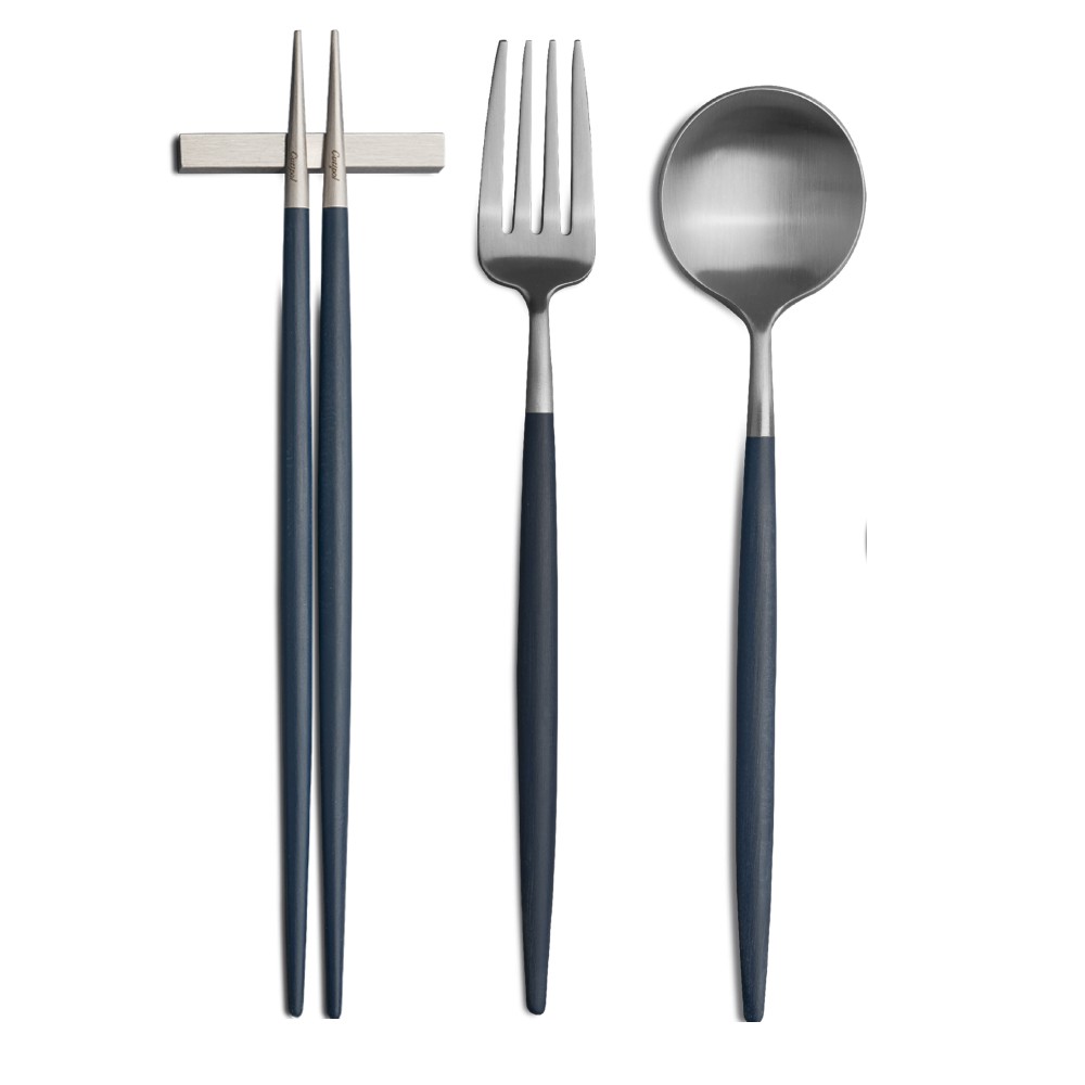 【Cutipol】GOA系列-藍柄霧面不銹鋼-主餐新三件組(主餐叉匙+筷組) 葡萄牙手工餐具