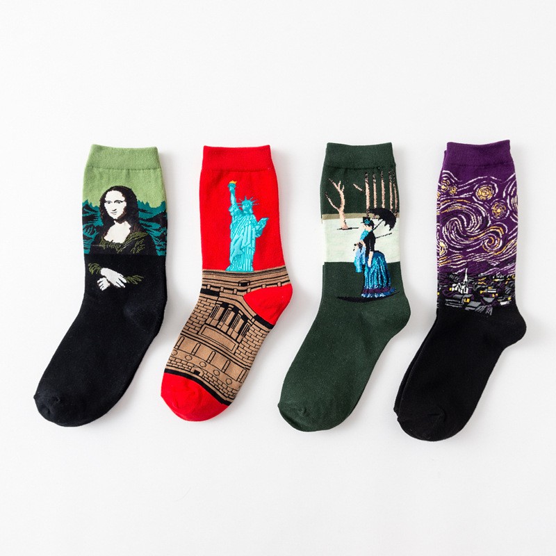 【2件49元】複古文藝抽象聖母圖丘比特蒙娜麗莎男女中筒襪 W133新款個性文藝名畫系列男襪 女襪 油畫襪子 個性襪