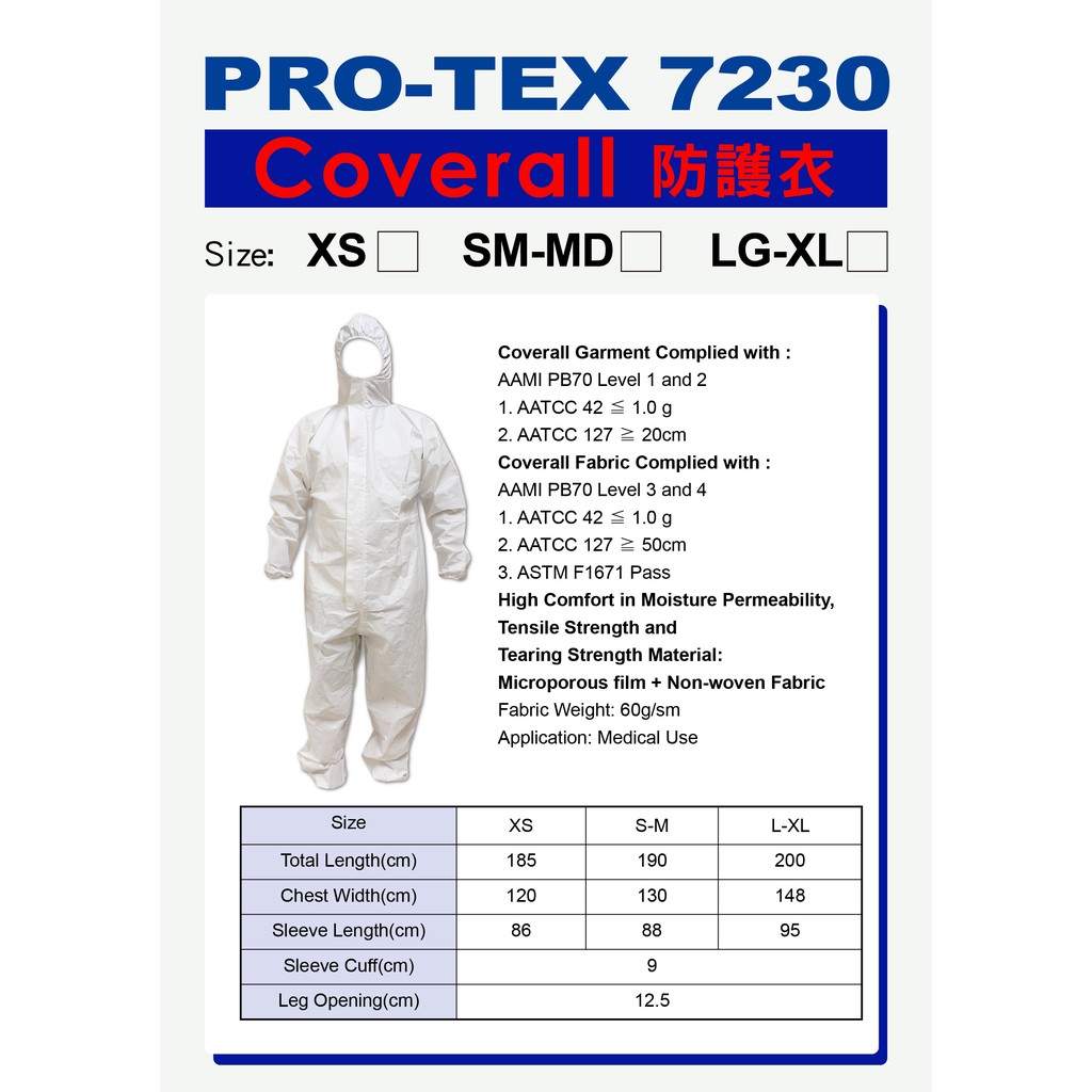 MIT外銷防護衣-Pro-tex7050 coverall-100%台灣製造