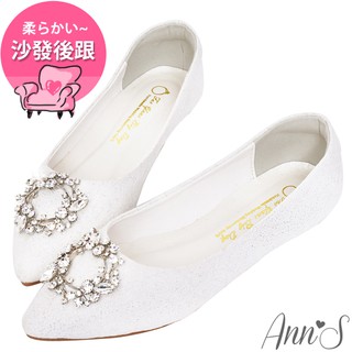 Ann’S祕密花園-白蕾絲鑽石花圈平底婚鞋-白