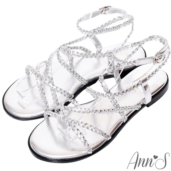 Ann’S層次單品-編織交錯細帶寬版平底涼鞋-銀