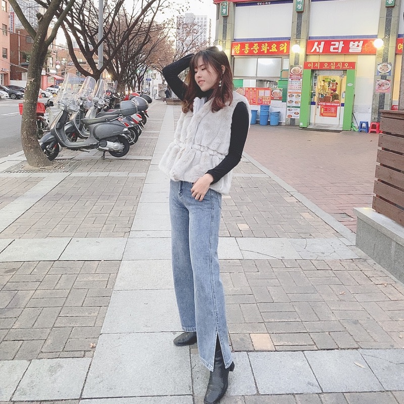 正韓 微喇叭開衩牛仔褲