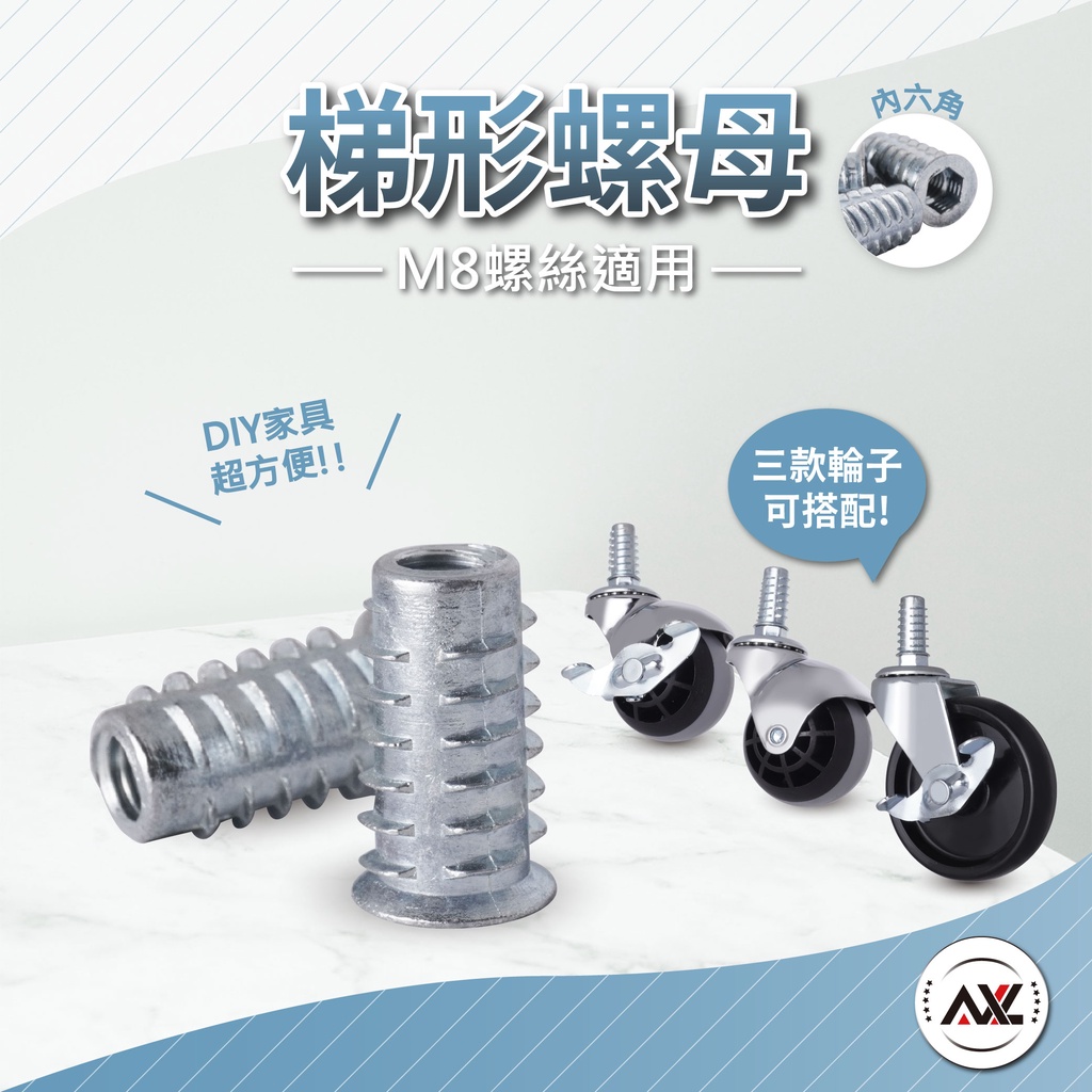 AXL 預埋螺母 內外牙螺母 木工鐵 搭配M8螺絲牙輪子 梯形傢俱預埋螺母 (台灣製/2顆螺母販售)