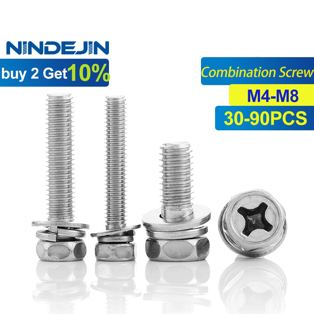 Nindejin 30-90pcs Sems 螺絲 Phillips 六角頭螺絲帶墊圈三個 M4 M5 M6 M8 不銹