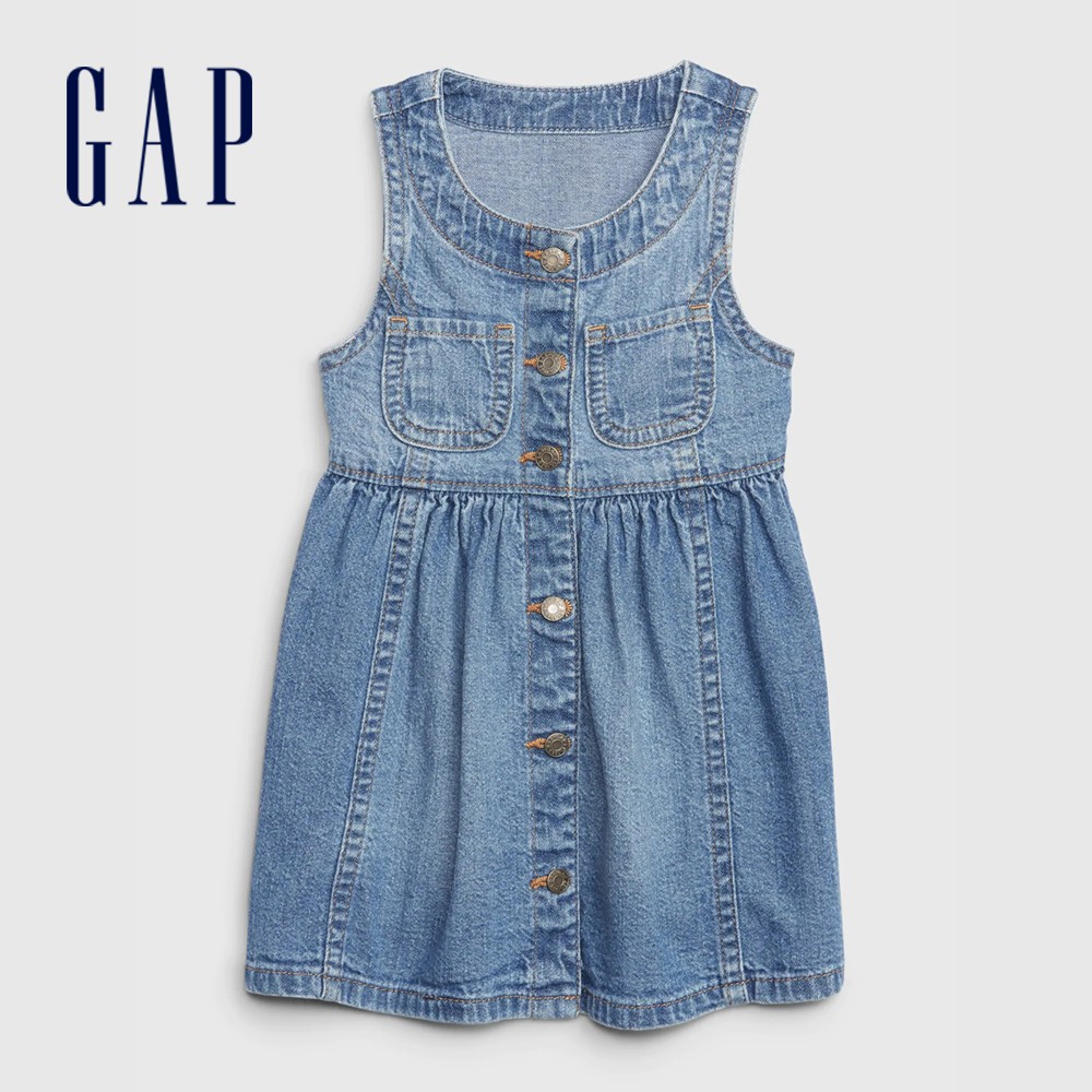 Gap 嬰兒裝 柔和褶皺收腰牛仔無袖洋裝-藍色(601987)