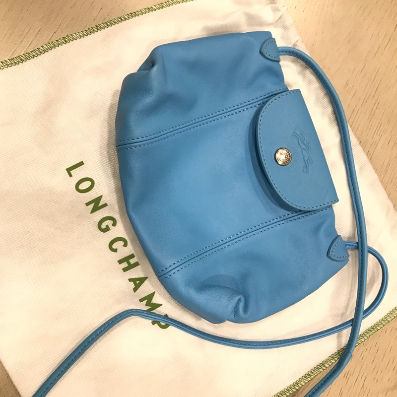 longchamp Le Pliage Cuir系列 小羊皮 斜背包 郵差包 側背包 水藍色