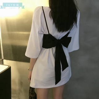 [Z&Y]ins潮款套裝 寬鬆上衣 白色短袖體恤+時尚蝴蝶結吊帶 素面 洋裝 短袖洋裝 短裙 蝴蝶結綁帶 短裙 套裝