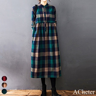 【ACheter】韓版大碼休閒棉麻暖格呢寬鬆洋裝111118