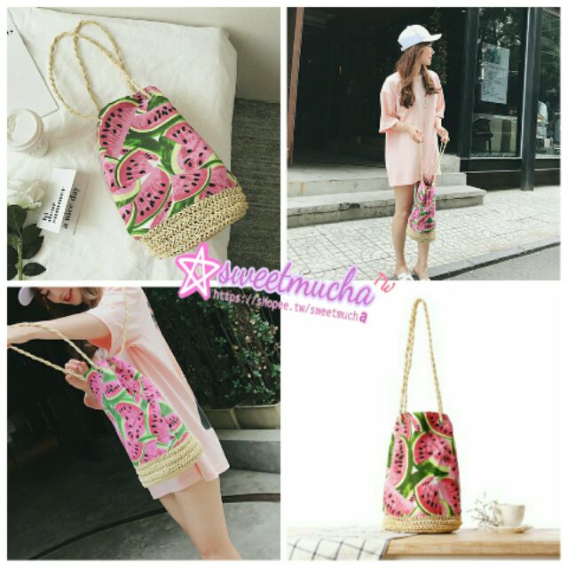 現貨 新款夏日西瓜鉤針水桶流蘇草編包花布西瓜編織包沙灘包水果肩背包水瓜 蝦皮購物