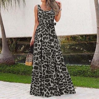 女士夏季假期豹紋無袖搖擺寬鬆派對長裙