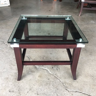 【全國二手傢具】*樣品屋*強化玻璃面胡桃木小茶几/客廳茶几/玻璃茶幾/泡茶桌/二手茶几/中古家具/二手居家傢俱