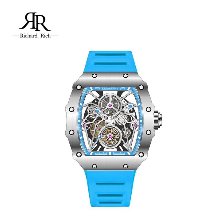 【RICHARD RICH】酒桶造型時尚鏤空機械錶-星鑽銀框天空藍PU帶 快速出貨