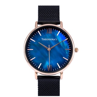 【THEODORA'S】Venus 天然母貝紋石金屬手錶[小錶面] 母貝藍-米蘭黑【希奧朵拉】