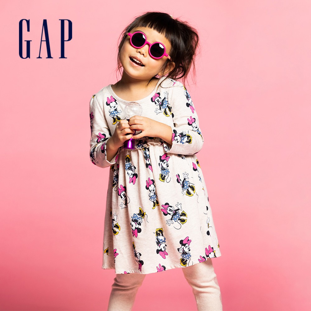 Gap 女幼童裝 Gap x Disney迪士尼聯名 長袖洋裝-米色印花(732870)