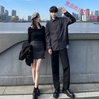 【COUPLE】2022新款💕 情侶裝小眾設計感女裙男外穿襯衫式外套格子