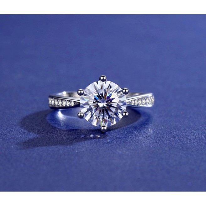 D色莫桑石[附有GRA證書]S925純銀經典六爪微鑲鑽石戒指女婚戒生日禮物戒指