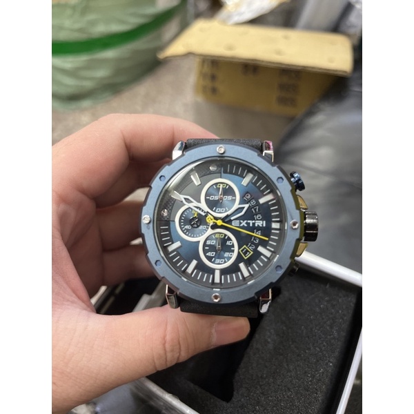 EXTRI 貨櫃錶 藍錶 專櫃錶 質感表 三眼錶 皮錶帶 仿皮