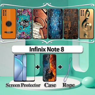 2 合 1 Infinix Note 8 手機殼帶鋼化玻璃曲面陶瓷螢幕保護膜音樂