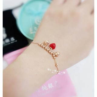 【現貨】香港正生純銀-🎀玫瑰金 紅愛心 光珠 鈴鐺 925純銀手鍊 甜美可愛 保證正貨【陽光艾瑪海外代購網】