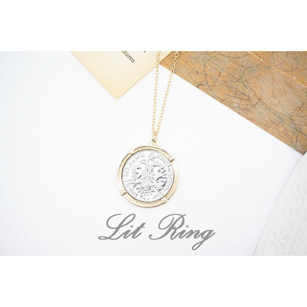 【Lit Ring】歐風浮雕撞色錢幣長項鍊│金幣 金邊 雕花 刻花 圓形 墜子 項鍊 毛衣鍊 飾品 首飾