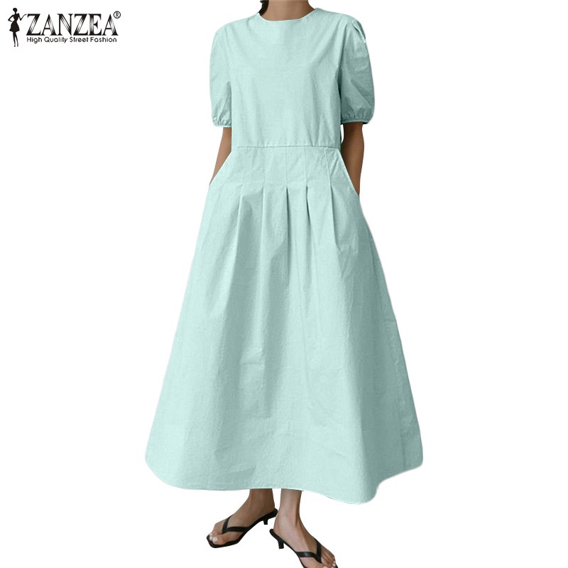 ZANZEA 女式韓式休閒 O 領短袖純色寬鬆長連衣裙