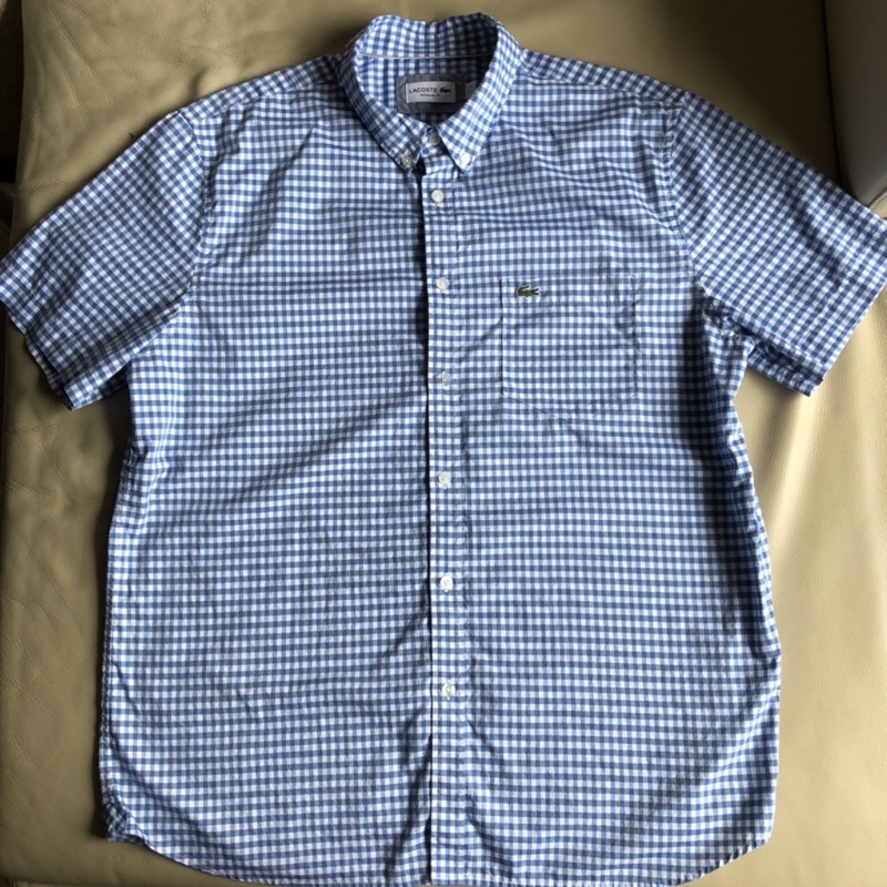 保證正品 Lacoste 藍白格紋 短袖襯衫 休閒襯衫 size XL 適合XXL