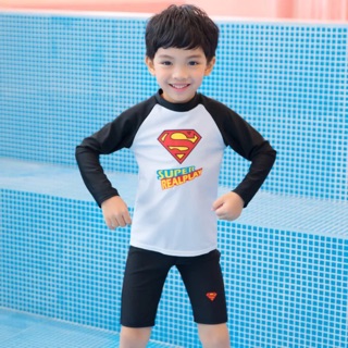 （現貨+預購）男童夏天中大童長袖泳衣套裝超人防曬泳衣